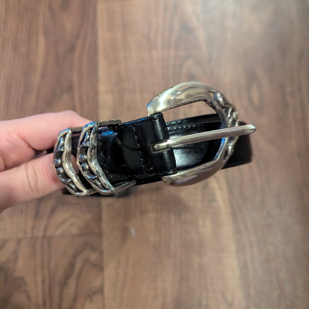 Brighton Vtg Black Belt Silver Buckle Leather Western Womens Large Rodeo Horse